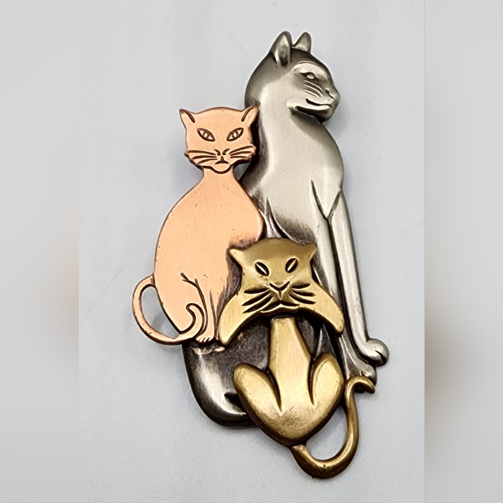 K & T Mixed Metal Cats Brooch Pin Siler, copper & Brass Tone